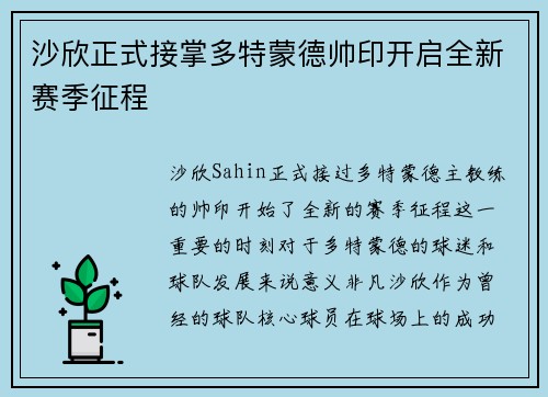 沙欣正式接掌多特蒙德帅印开启全新赛季征程